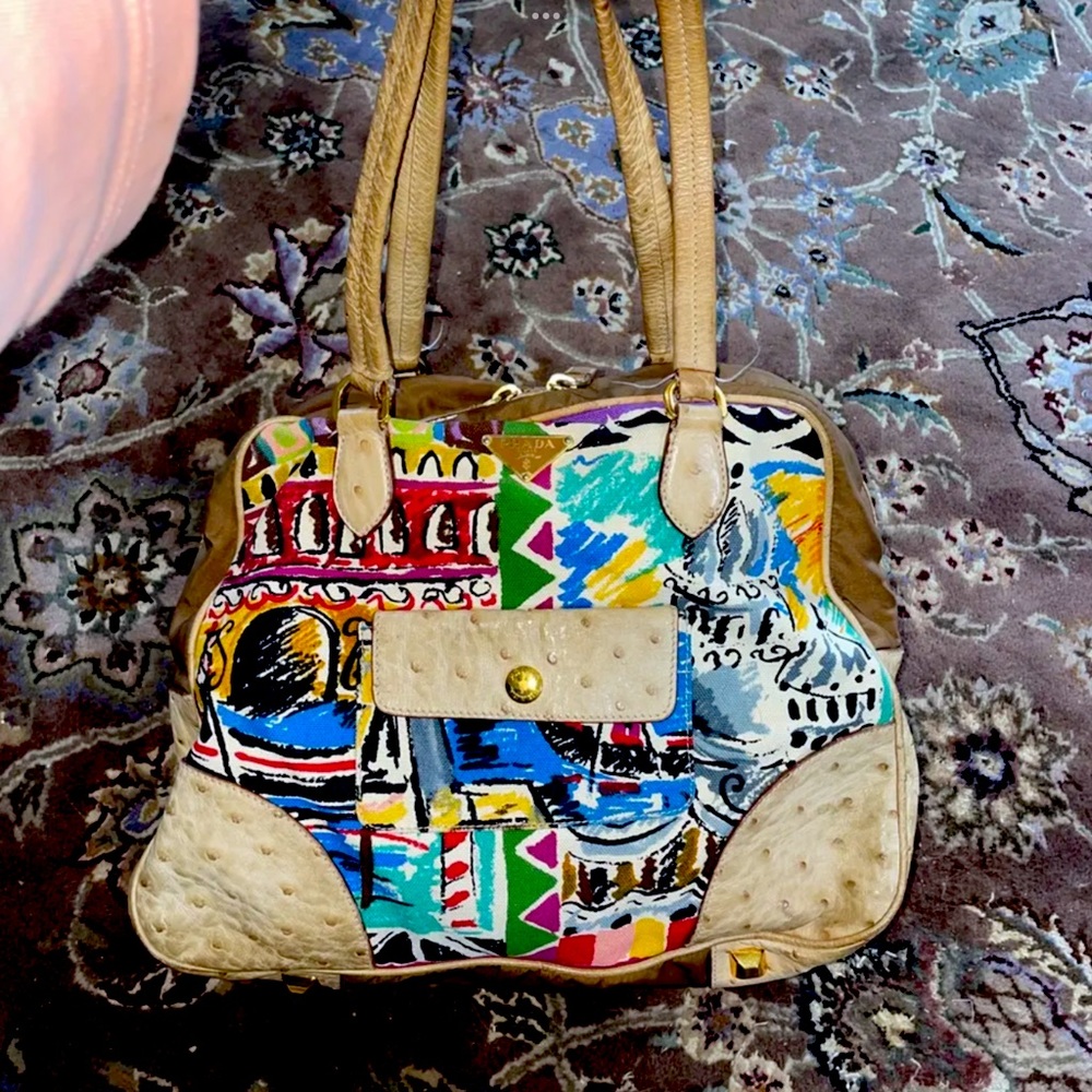 SOLD!!!!!!!!PRADA Graffiti Milano Canvas & Ostrich Leather Tote Hand Bag Purse.